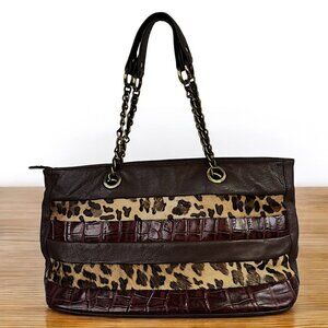 Michael Rome Woman Genuine Leather Tote Animal Print Brown Shoulder Bag